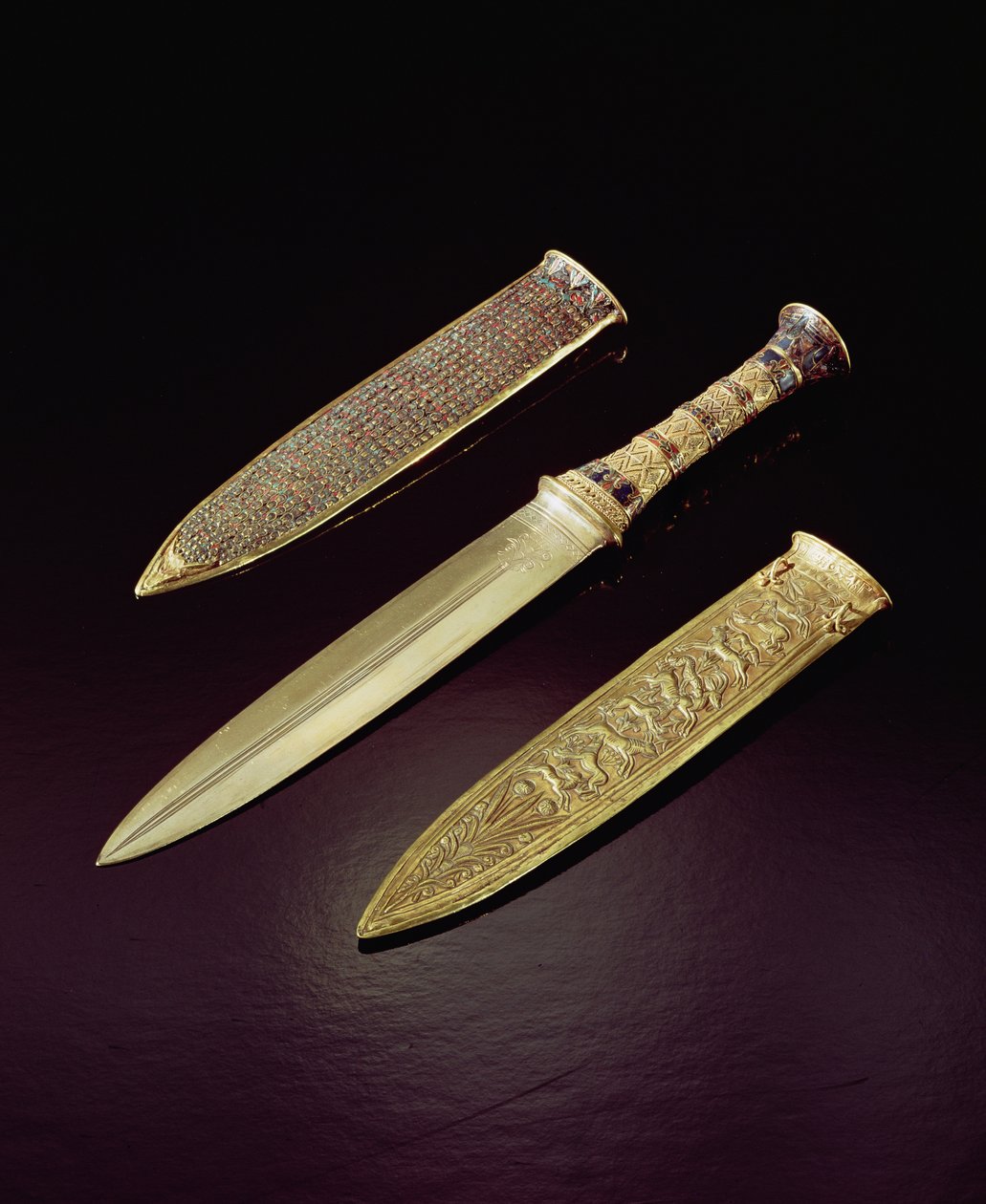 Zlatá dýka a pochva z Tutanchamonovy hrobky (asi 1370-1352 př.nl) Nová říše (zlato vykládané polodrahokamy) od Egyptian 18th Dynasty