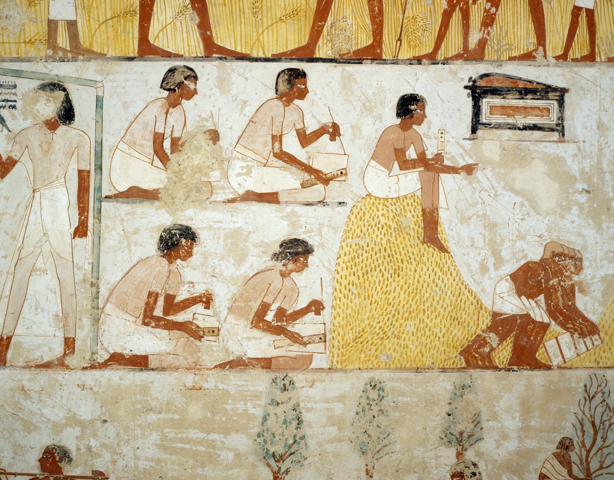 Sklizeň úrody, mlácení a dobývání obilí, detaily z fresek ve vestibulu hrobky Menna, nekropole Sheikh Abd el Qurnah, Luxor, Théby (Seznam světového dědictví UNESCO od Egyptian 18th Dynasty
