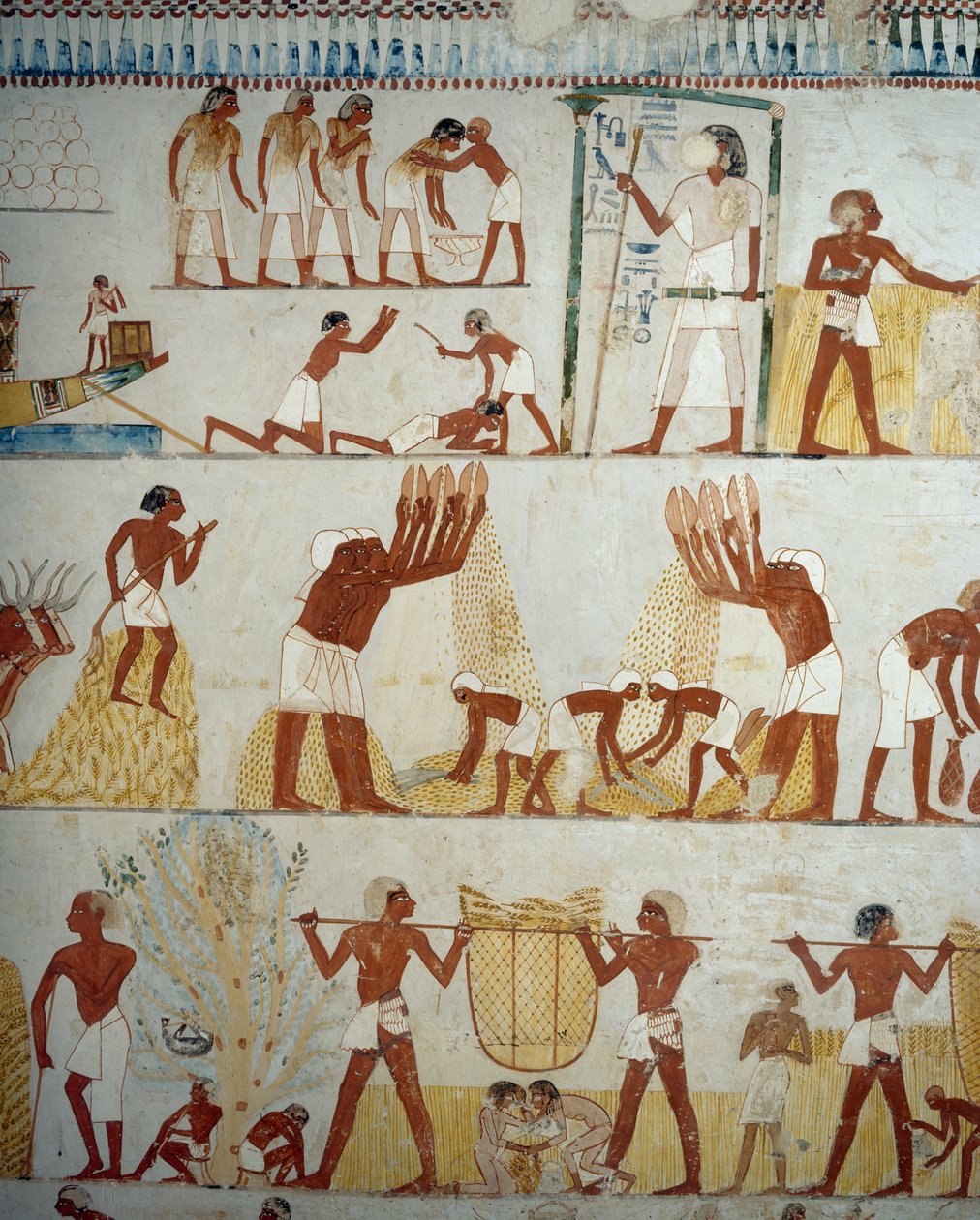 Sklizeň úrody, mlácení a dobývání obilí, detaily z fresek ve vestibulu hrobky Menna, nekropole Sheikh Abd el Qurnah, Luxor, Théby (Seznam světového dědictví UNESCO od Egyptian 18th Dynasty