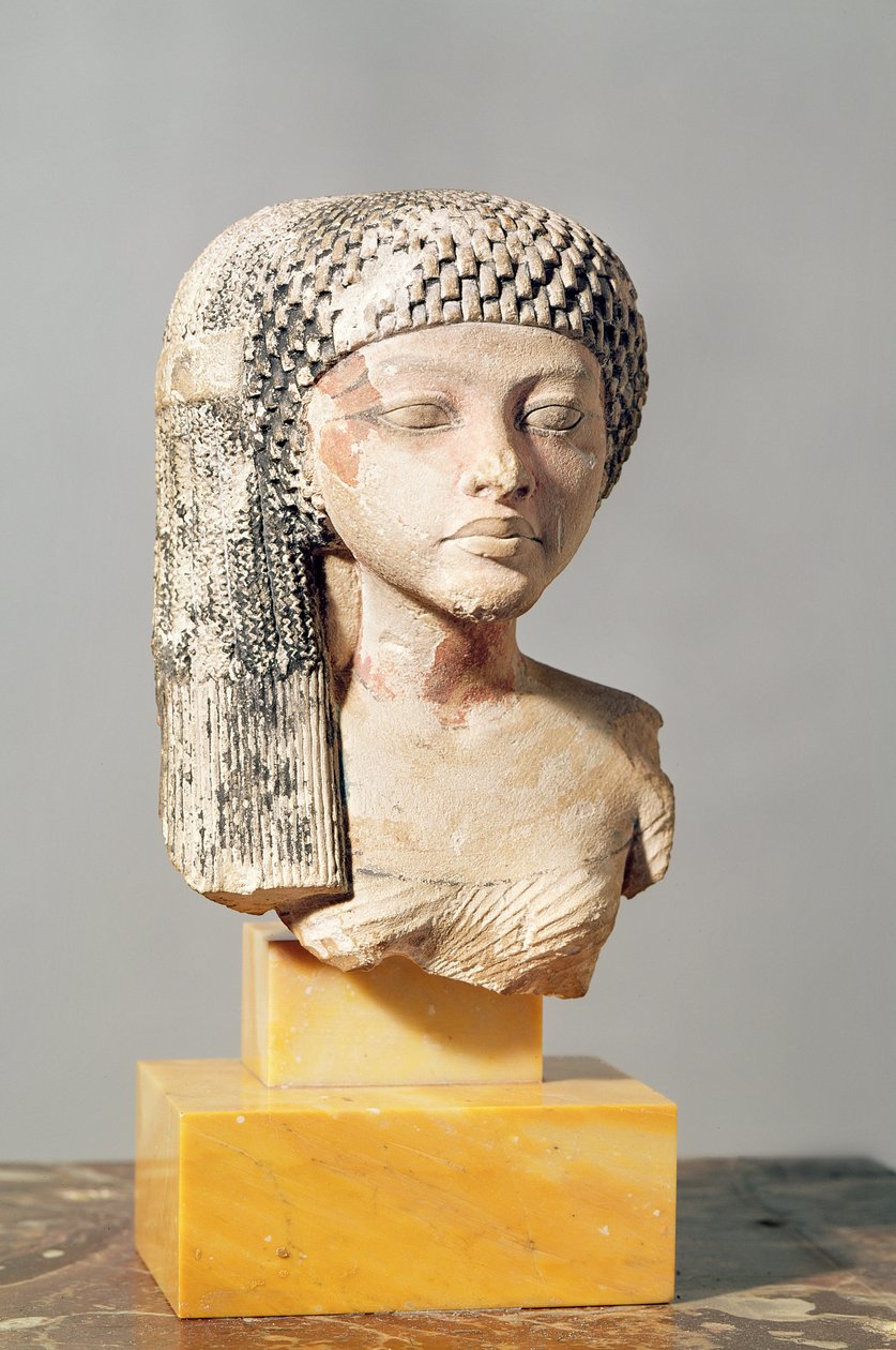 Hlava princezny z Achnatonovy rodiny, Nová říše (malovaný vápenec) (viz také 107940, 116813, 370210) od Egyptian 18th Dynasty