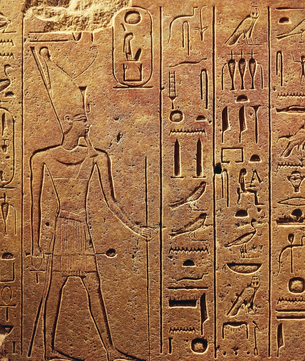 Hieroglyfy, detail bloku z Hatšepsutina chrámu v Karnaku, Egyptská civilizace, Nová říše, dynastie XVIII od Egyptian 18th Dynasty