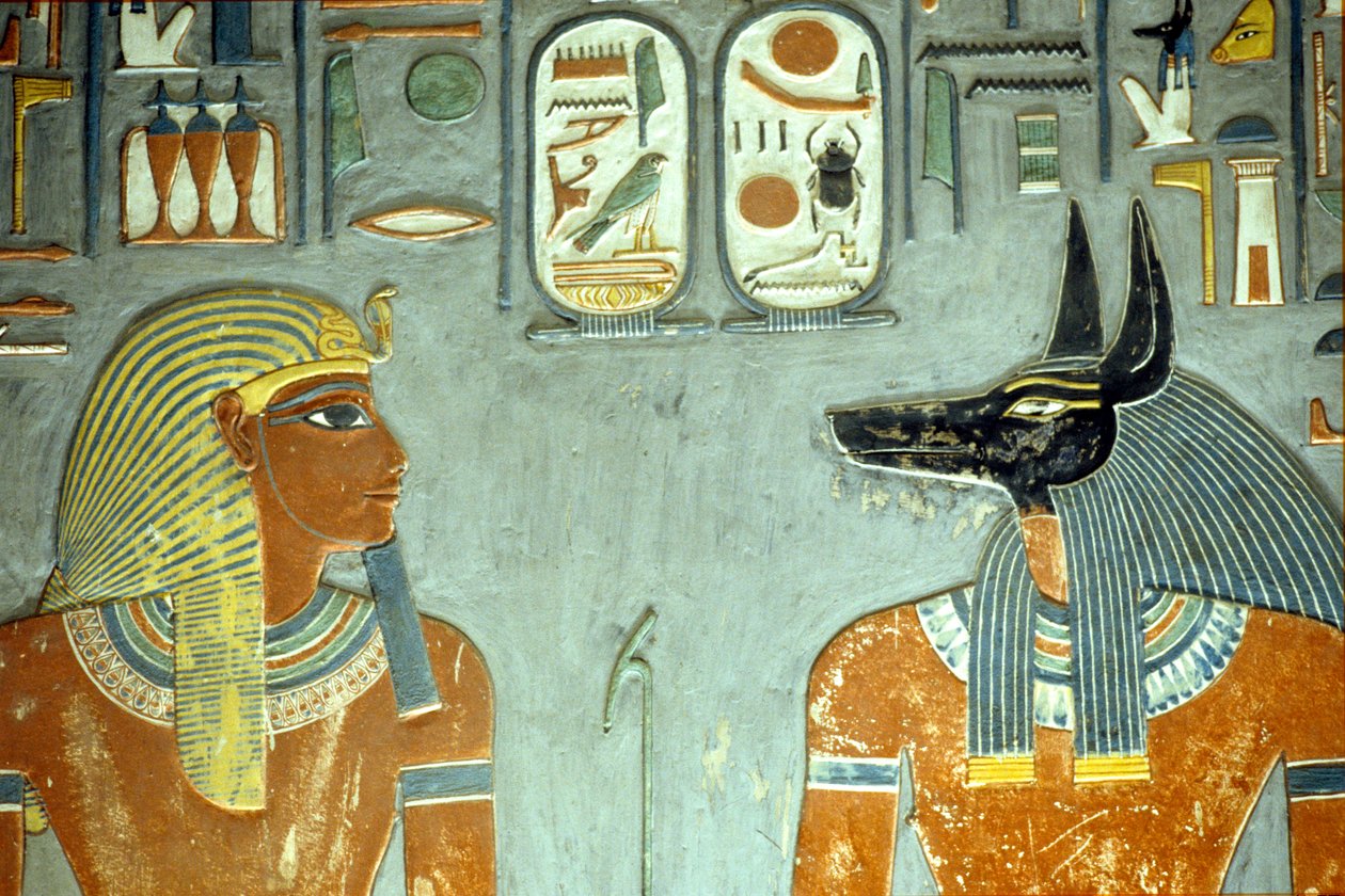 Horemheb a Anubis, z Horemhebovy hrobky (asi 1323-1295 př. n. l.) Nová říše (nástěnná malba) (detail z 218343) od Egyptian 18th Dynasty