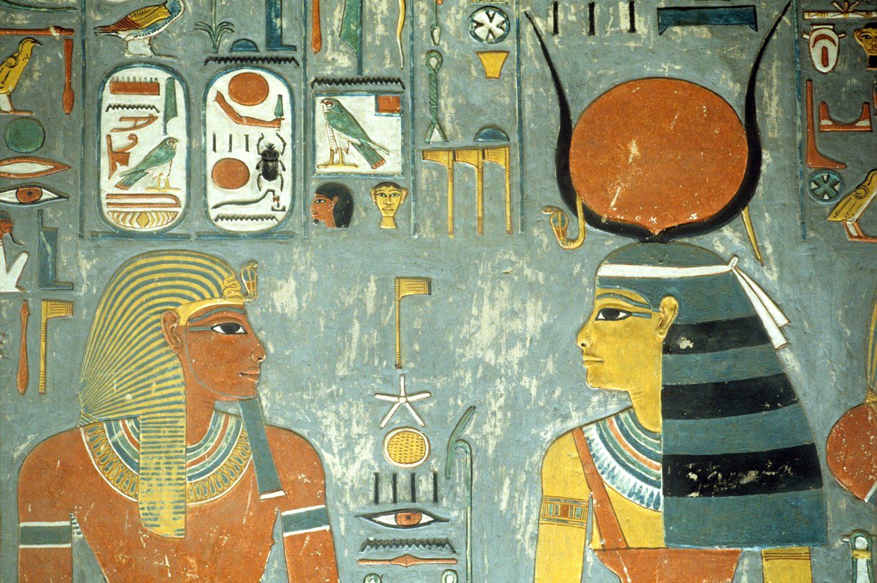 Horemheb a Hathor, z Horemhebovy hrobky (asi 1323-1295 př. n. l.) Nová říše (nástěnná malba) (detail 218340) od Egyptian 18th Dynasty
