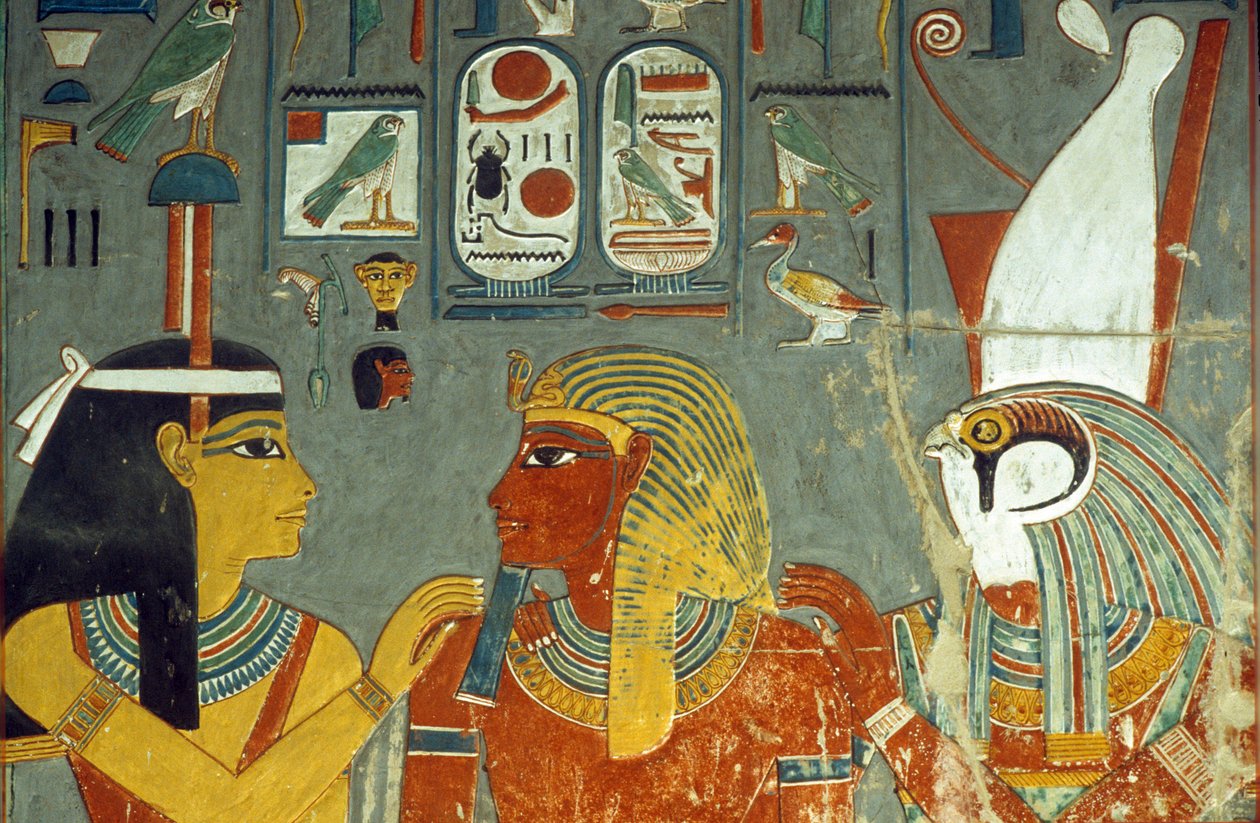 Hor, Horemheb a Hathor, z hrobky Horemheb (asi 1323-1295 př. n. l.) Nová říše (nástěnná malba) od Egyptian 18th Dynasty