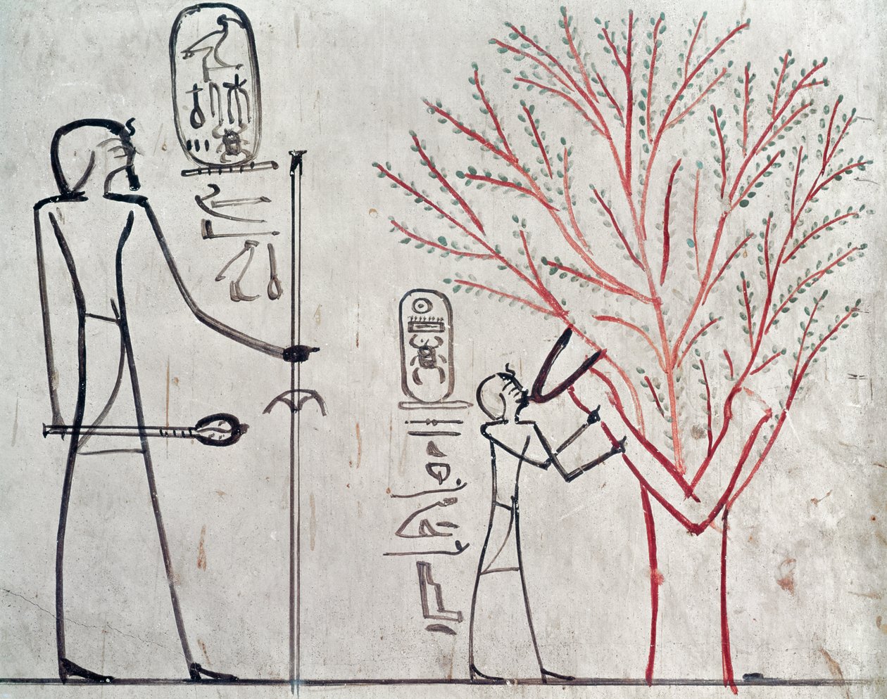 Isis se proměnila v platan kojící Tuthmosis III (asi 1479-1425 př. n. l.) (nástěnná malba) od Egyptian 18th Dynasty