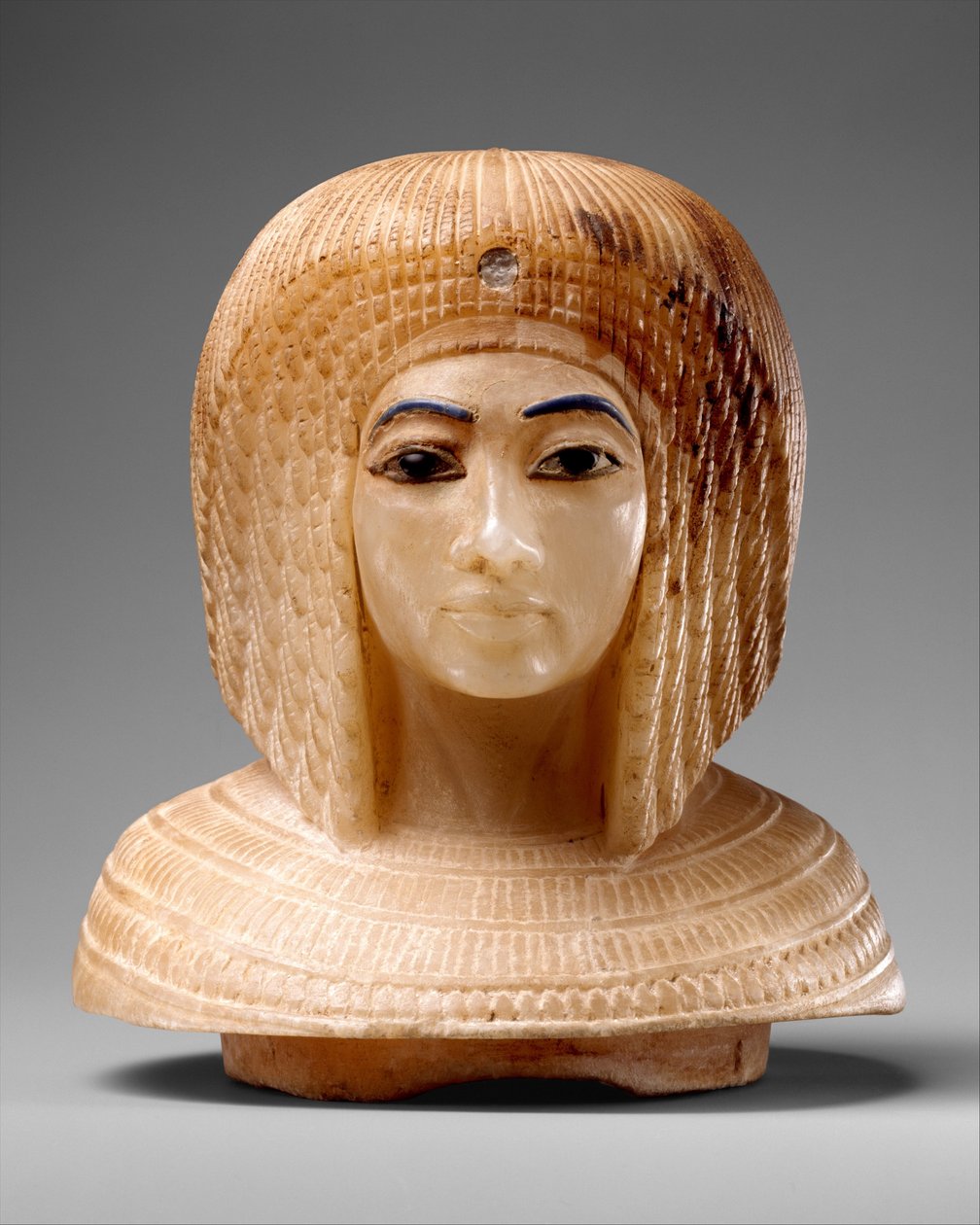 Víko ve tvaru hlavy královské ženy, cca 1349–36 př. Kr. (travertin, modré sklo, obsidián) od Egyptian 18th Dynasty