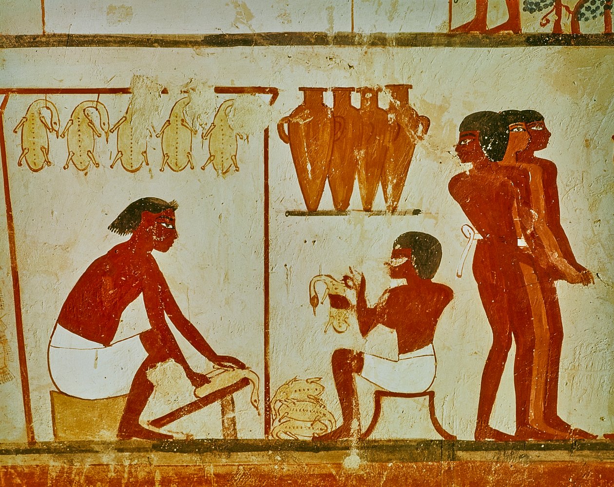 Zpracování masa ptáků, detail z hrobky Nakht, cca 1390 př.nl (nástěnná malba) od Egyptian 18th Dynasty