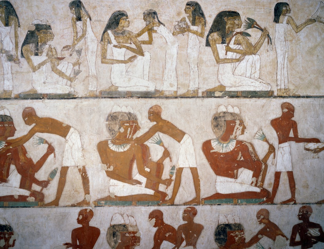 Muži a ženy oblékají šperky, detaily z fresek v hrobce Rekhmire, nekropole šejka Abd el Qurnah, Luxor, Théby (Seznam světového dědictví UNESCO od Egyptian 18th Dynasty
