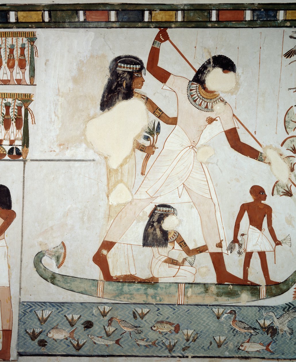 Menna a jeho rodina loví a loví ptáky v nilských bažinách, detail z fresek v kapli hrobky Menny, nekropole Sheikh Abd el Qurnah, Luxor, Théby (Seznam světového dědictví UNESCO od Egyptian 18th Dynasty