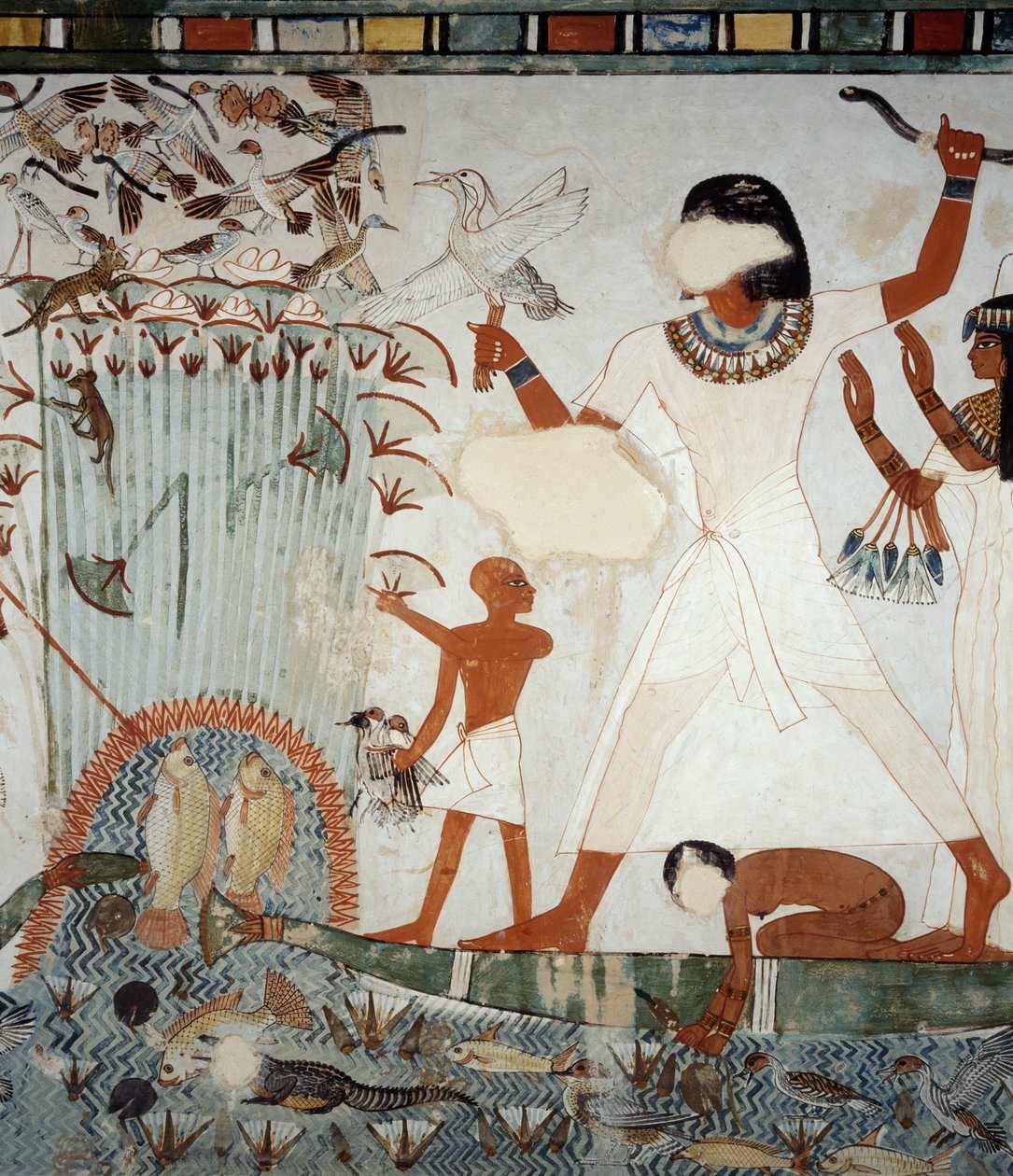 Menna a jeho rodina loví a loví ptáky v nilských bažinách, detail z fresek v kapli hrobky Menny, nekropole Sheikh Abd el Qurnah, Luxor, Théby (Seznam světového dědictví UNESCO od Egyptian 18th Dynasty