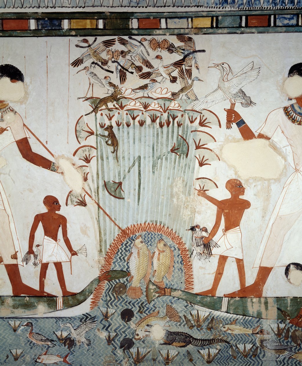 Menna a jeho rodina loví a loví ptáky v nilských bažinách, detail z fresek v kapli hrobky Menny, nekropole Sheikh Abd el Qurnah, Luxor, Théby (Seznam světového dědictví UNESCO od Egyptian 18th Dynasty