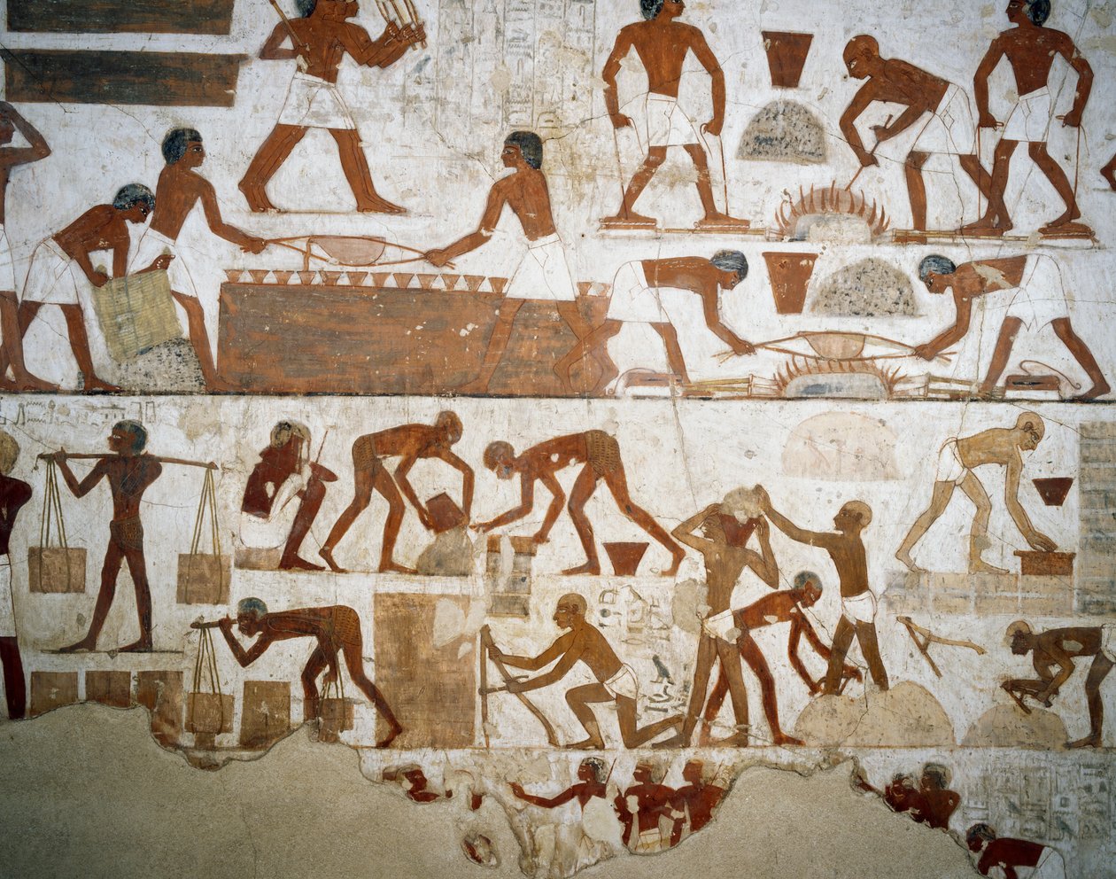 Zpracování kovů a výroba cihel, detaily z fresek v Tomb of Rekhmire, Sheikh Abd el Qurnah Necropolis, Luxor, Théby (Seznam světového dědictví UNESCO od Egyptian 18th Dynasty