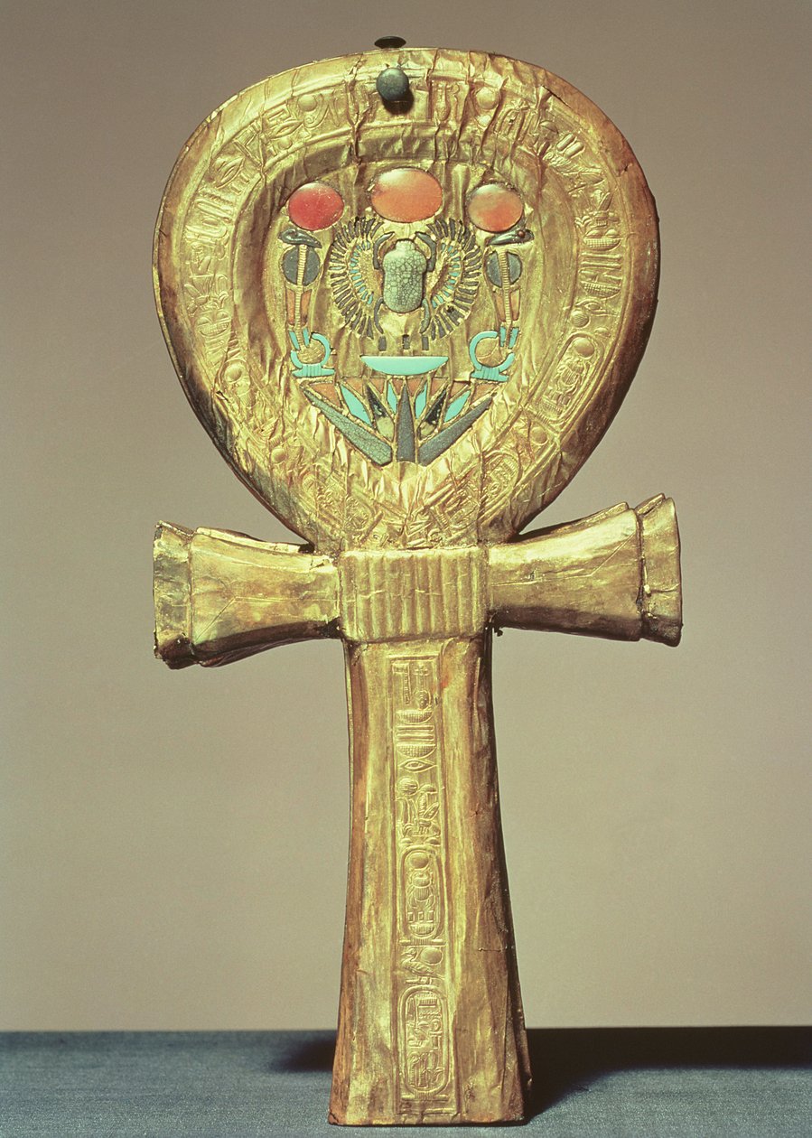 Pouzdro na zrcadlo v podobě ankh, z hrobky Tutanchamona (asi 1370-52 př.nl) Nová říše (zlacené dřevo vykládané skleněnou pastou) od Egyptian 18th Dynasty