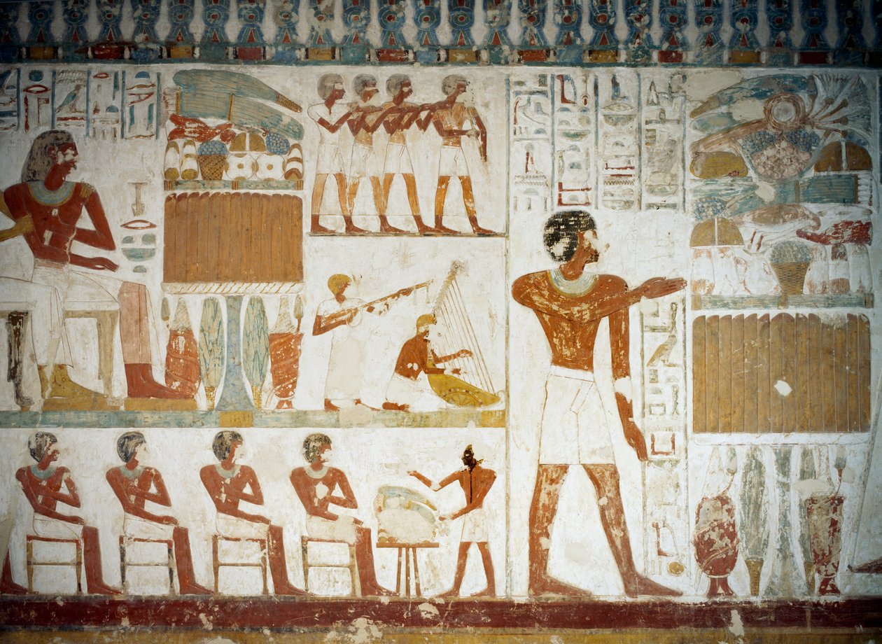 Hudebníci, detail z fresek v Tomb of Userhat, Sheikh Abd el Qurnah Necropolis, Luxor, Théby (Seznam světového dědictví UNESCO od Egyptian 18th Dynasty