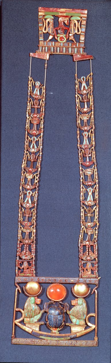 Náhrdelník vycházejícího slunce, z hrobky Tutanchamona (asi 1370-52 př.nl) Nová říše (zlato vykládané polodrahokamy) od Egyptian 18th Dynasty