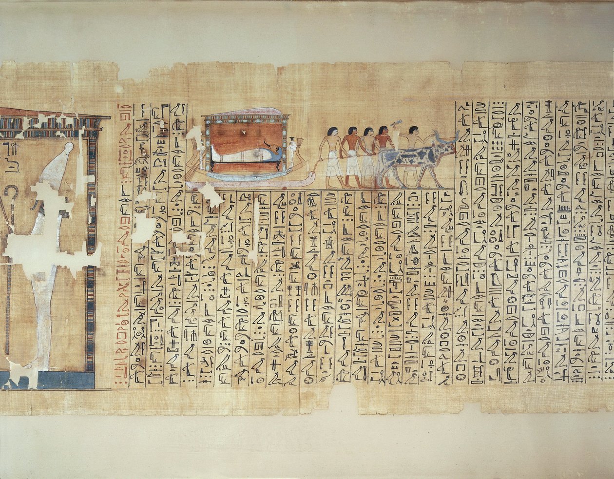 Papyrus zobrazující převoz sarkofágu na voze taženém volem, z Maiherperovy Knihy mrtvých. od Egyptian 18th Dynasty