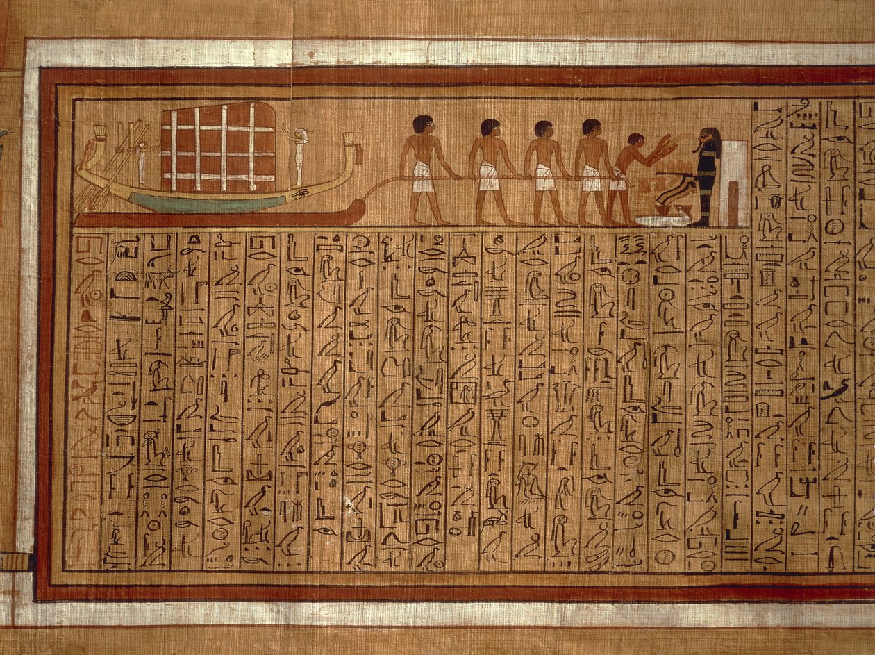 Papyrus s hieroglyfy "Knihy mrtvých" a polychromovanými ilustracemi z hrobky Kha v Thébách. Nová říše, dynastie XVIII od Egyptian 18th Dynasty