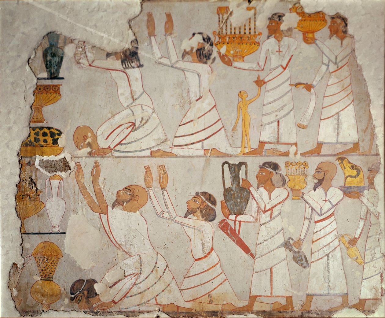 Část malované náhrobní zdi zobrazující asijské nositele úcty, cca 1400 př. n. l. (malovaná omítka na kameni) od Egyptian 18th Dynasty