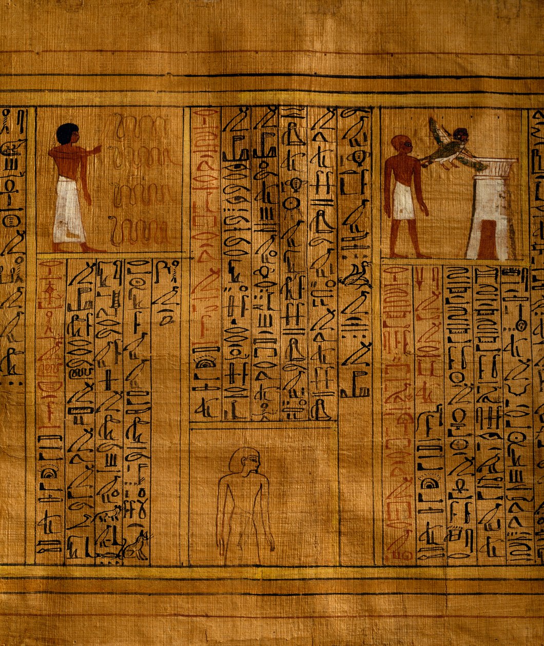Část Knihy mrtvých s textem ve svislých sloupcích hieroglyfů a vložkami s polychromovanými ilustracemi, papyrus, 34 cm x 14 cm, z hrobky Kha v Deir el-Medině, Egyptská civilizace, Nová říše, dynastie XVIII od Egyptian 18th Dynasty