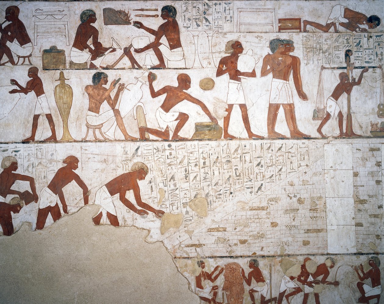 Hrnčíři a dělníci, freska, kaple, Tomb of Rekhmire (TT100), Sheikh Abd el-Qurna, Théby (Seznam světového dědictví UNESCO od Egyptian 18th Dynasty