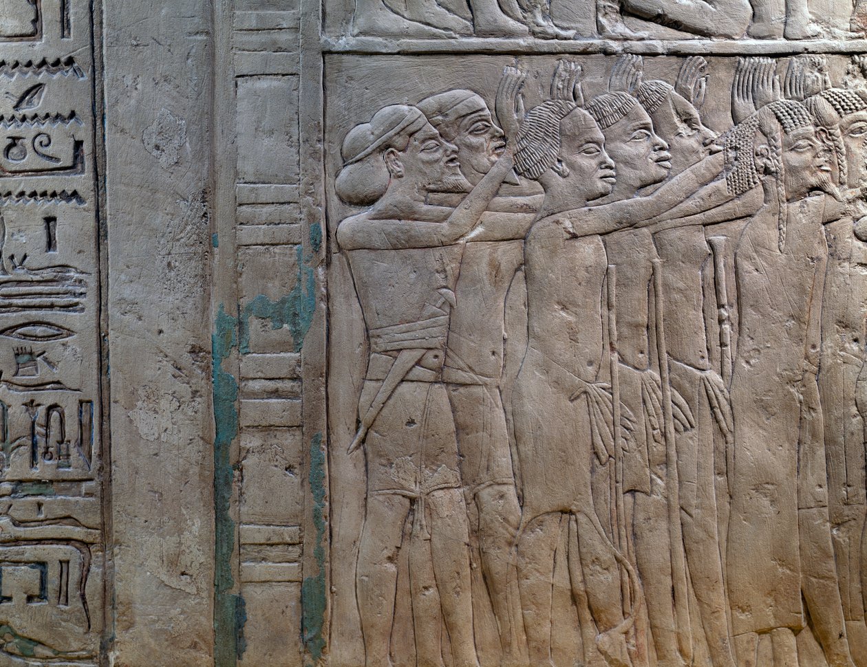 Knížata z Núbie, Libye, Sýrie a Palestiny přicházející vzdát hold králi, basreliéf z vápence, z Memfitské hrobky Horemheba v Sakkáře, Egyptská civilizace, Nová říše, dynastie XVIII od Egyptian 18th Dynasty