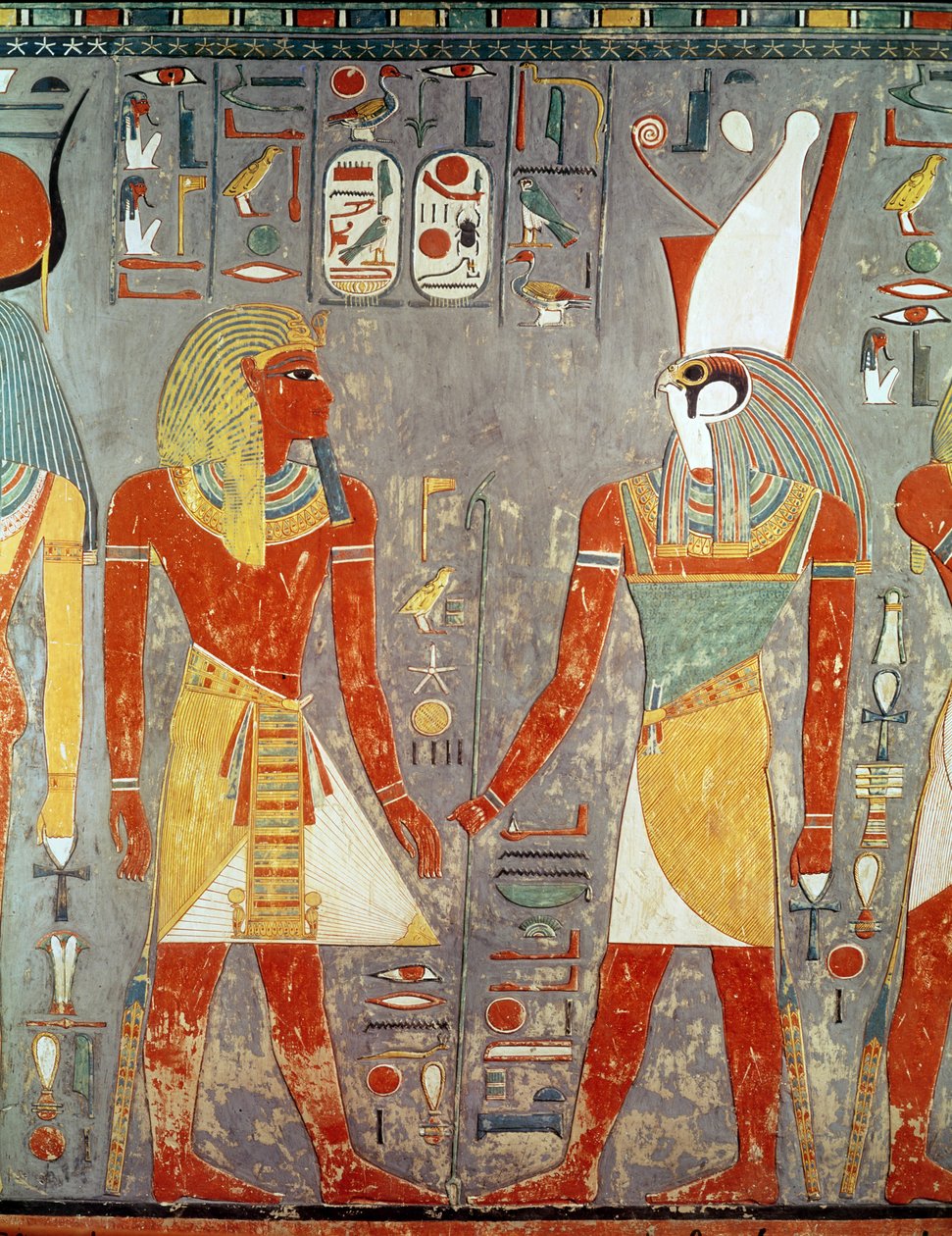 Reliéf zobrazující Horemheba (asi 1323–1295 př. n. l.) před Horem z jeho hrobky, Nová říše (malovaný vápenec) od Egyptian 18th Dynasty