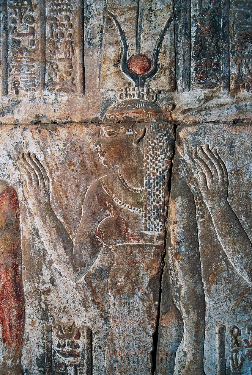 Reliéf Hatšepsut zobrazené jako Hathor, Hatšepsutin chrám, Deir el-Bahri, Luxor, Théby (Seznam světového dědictví UNESCO) od Egyptian 18th Dynasty
