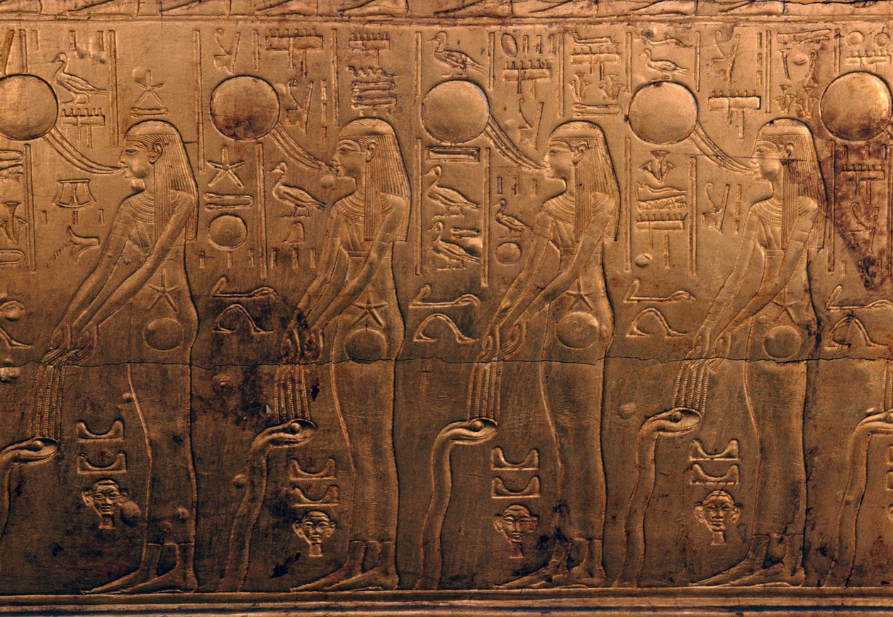 Reliéf na pozlacené dřevěné schránce, Tutanchamonova pokladnice od Egyptian 18th Dynasty
