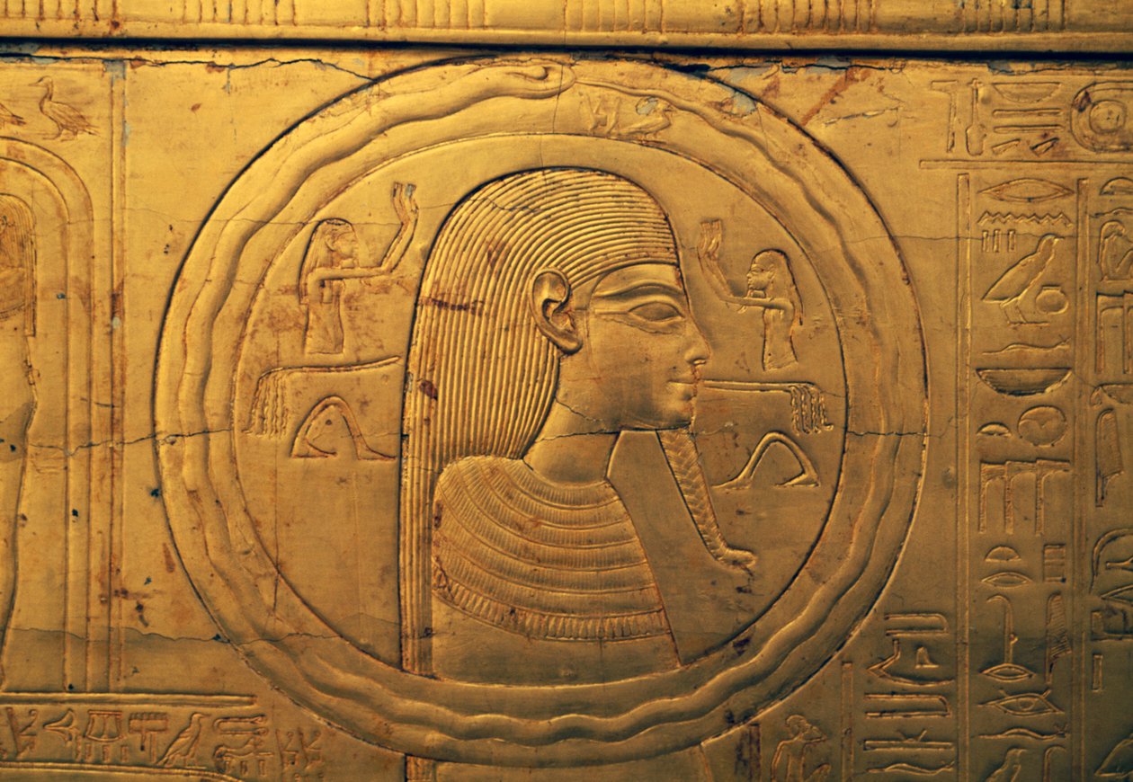 Reliéf na levém vnějším panelu druhé pohřební kaple, Tutanchamonova pokladnice, Egypt, Egyptská civilizace, Nová říše, Dynastie XVIII od Egyptian 18th Dynasty