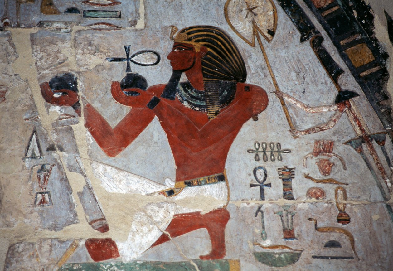 Reliéf s malbou Thutmose nabízejícího víno, Hatšepsutin pohřební chrám, Deir el-Bahri, thébská nekropole (Seznam světového dědictví UNESCO) od Egyptian 18th Dynasty