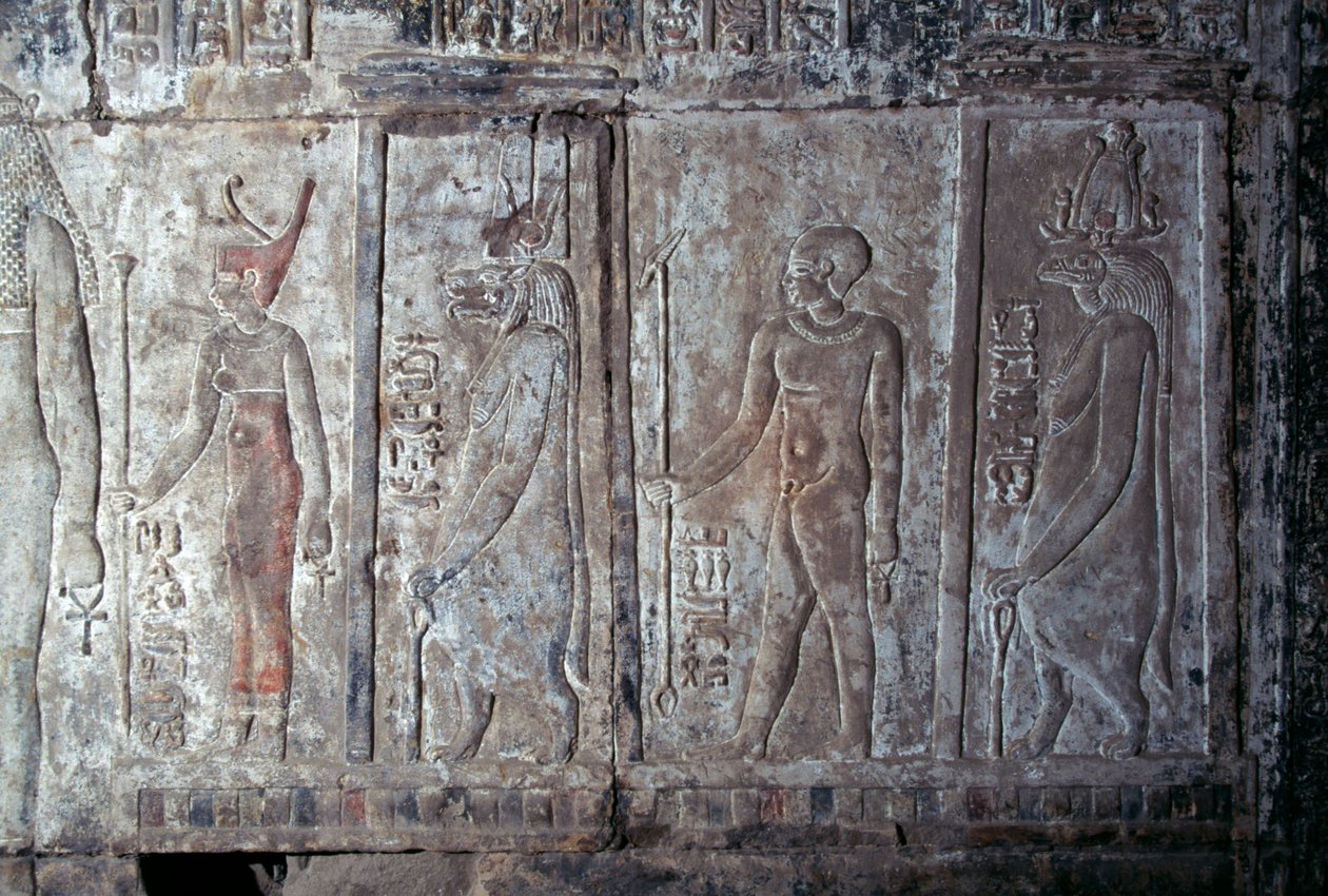 Reliéf s Neith, Opet, Hor Hijen a Hirent, Hatšepsutin chrám, Deir el-Bahari, thébská nekropole (Seznam světového dědictví UNESCO) od Egyptian 18th Dynasty