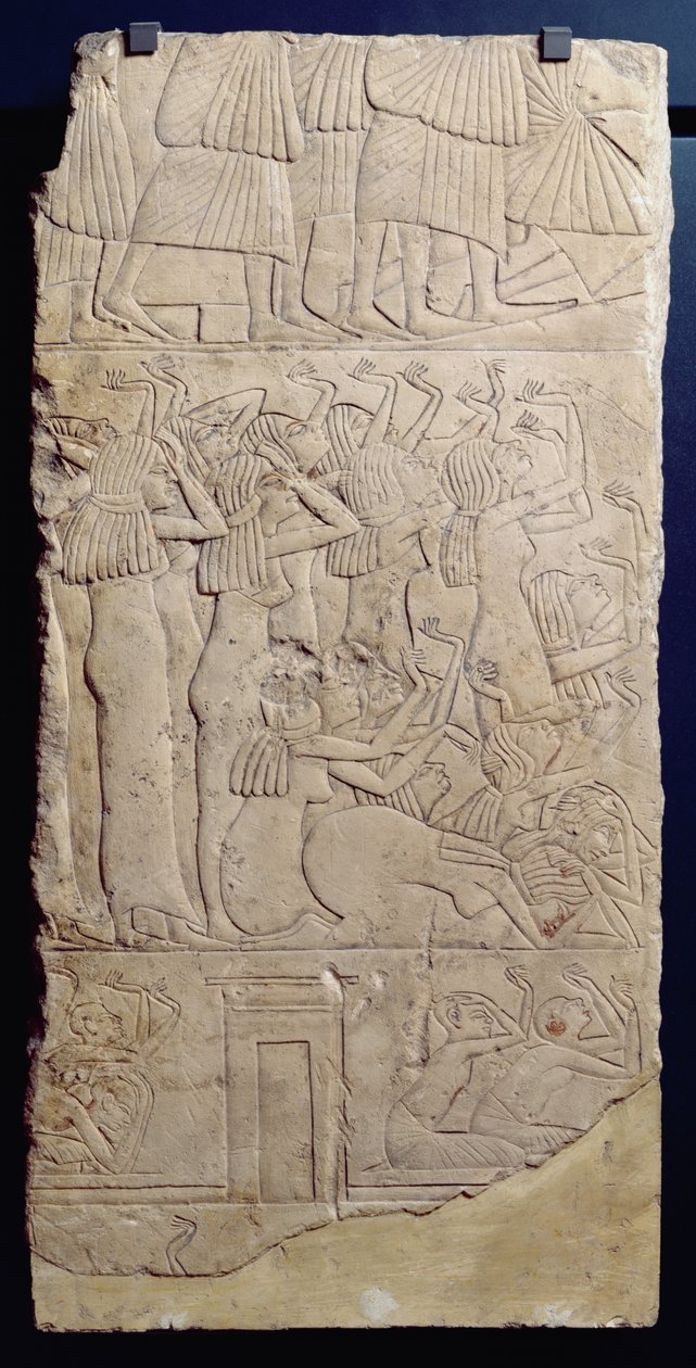 Scéna nářku během pohřbu, ze Sakkara, Nová říše, cca 1330 př.nl (vápenec) od Egyptian 18th Dynasty