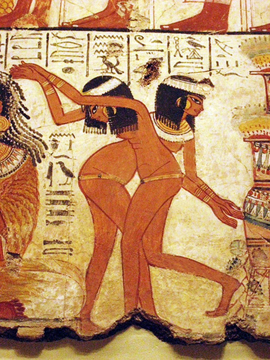 Nástěnná malba v chrámu dvou tančících dívek, Egypt (nástěnná malba) od Egyptian 18th Dynasty