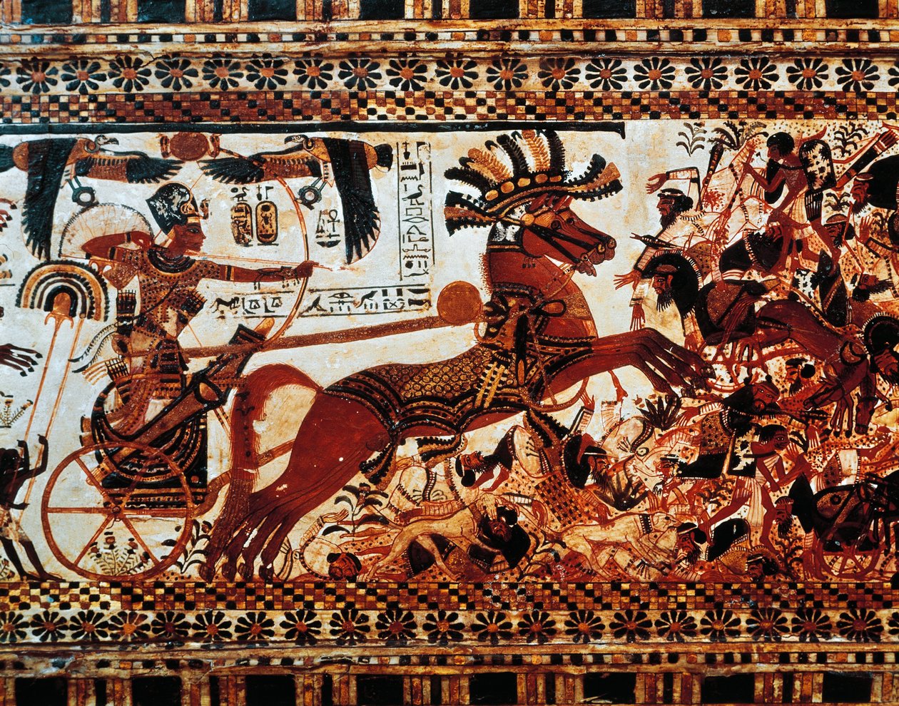 Lovecká krabička. Detail scény zobrazující krále na svém voze porážejícího asijské nepřátele, Nová říše, dynastie XVIII od Egyptian 18th Dynasty