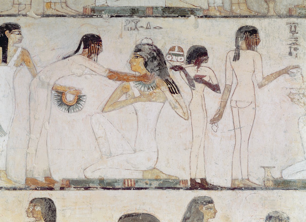Toaleta šlechtičen, z hrobky Rekhmire, vezíra Tuthmosis III a Amenhotep II, Nová říše (nástěnná malba) od Egyptian 18th Dynasty
