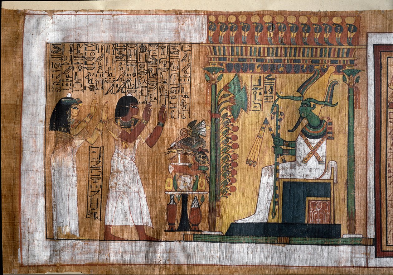 Zesnulý Kha a jeho manželka Merit uctívají Osirise, pána posmrtného života - Papyrus z Knihy mrtvých, z pohřební komory architekta Kha od Egyptian 18th Dynasty