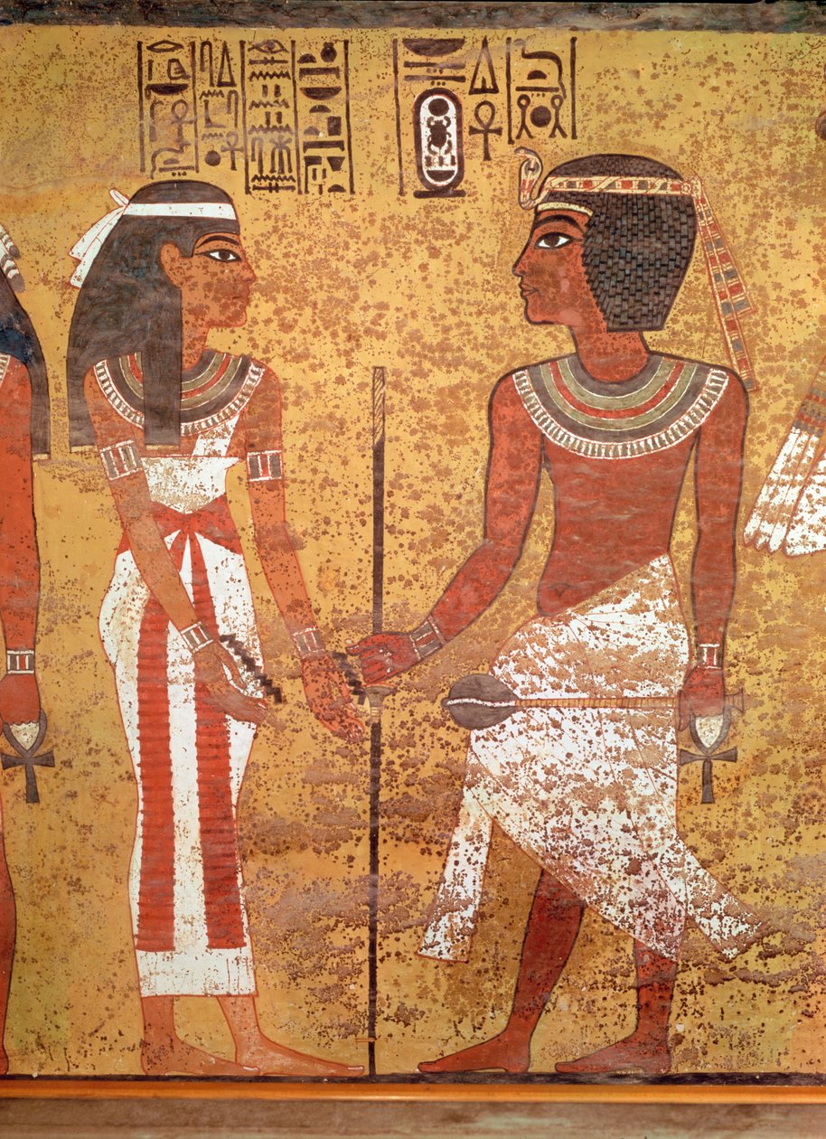 Tutanchamon (asi 1370-1352 př.nl) a jeho manželka Ankhesenamun z jeho hrobky, Nová říše (malovaný vápenec) od Egyptian 18th Dynasty