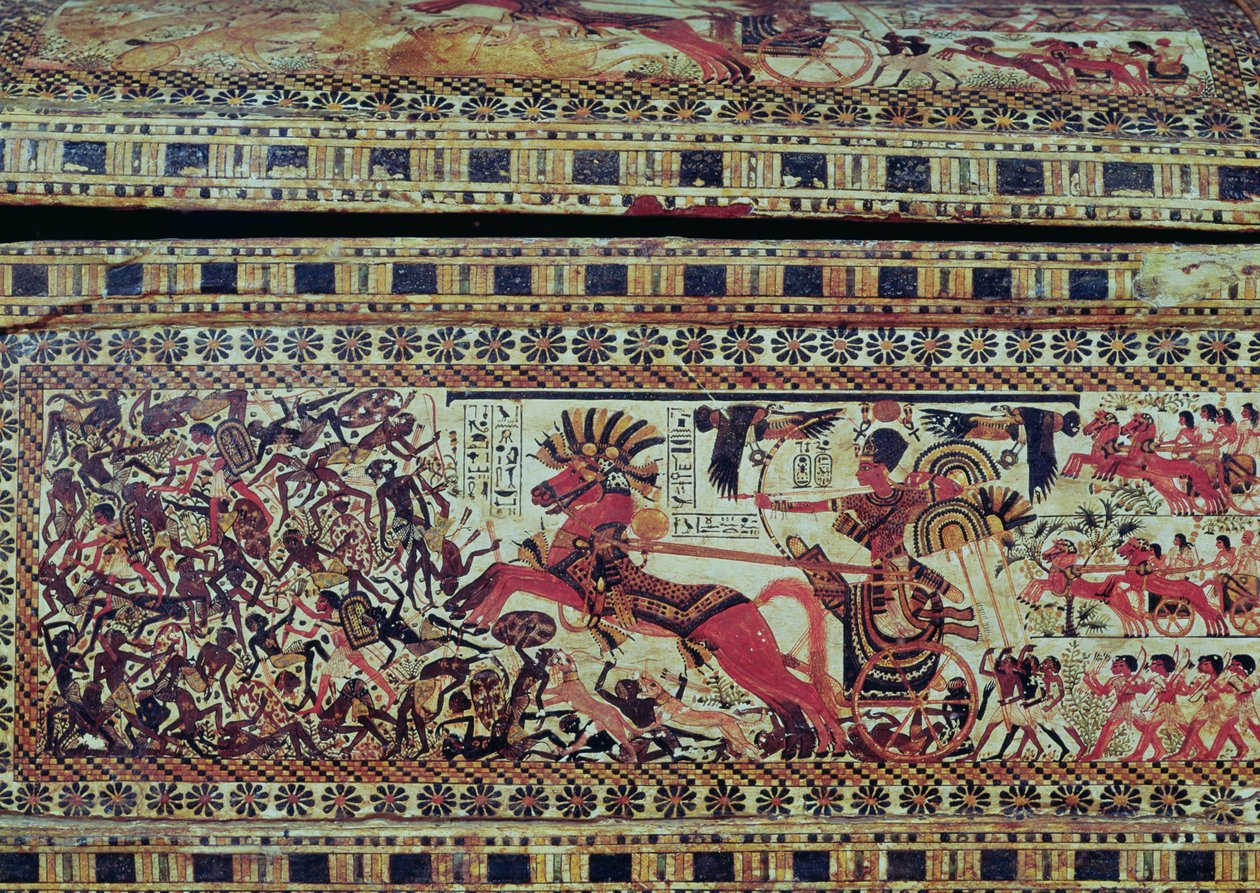 Tutanchamon (asi 1370-1352 př. n. l.) na voze útočícím na Afričany, detail z boku truhly, Nová říše, asi 1340 př. n. l. (malované dřevo) (viz 147998) od Egyptian 18th Dynasty