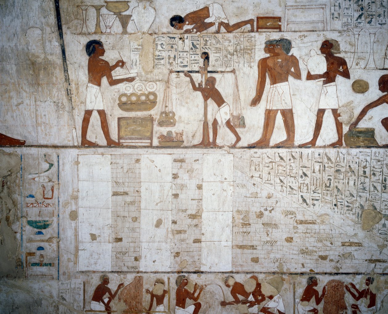 Vážení zlata a stříbra, detaily z fresek v Tomb of Rekhmire, Sheikh Abd el Qurnah Necropolis, Luxor, Théby (Seznam světového dědictví UNESCO od Egyptian 18th Dynasty