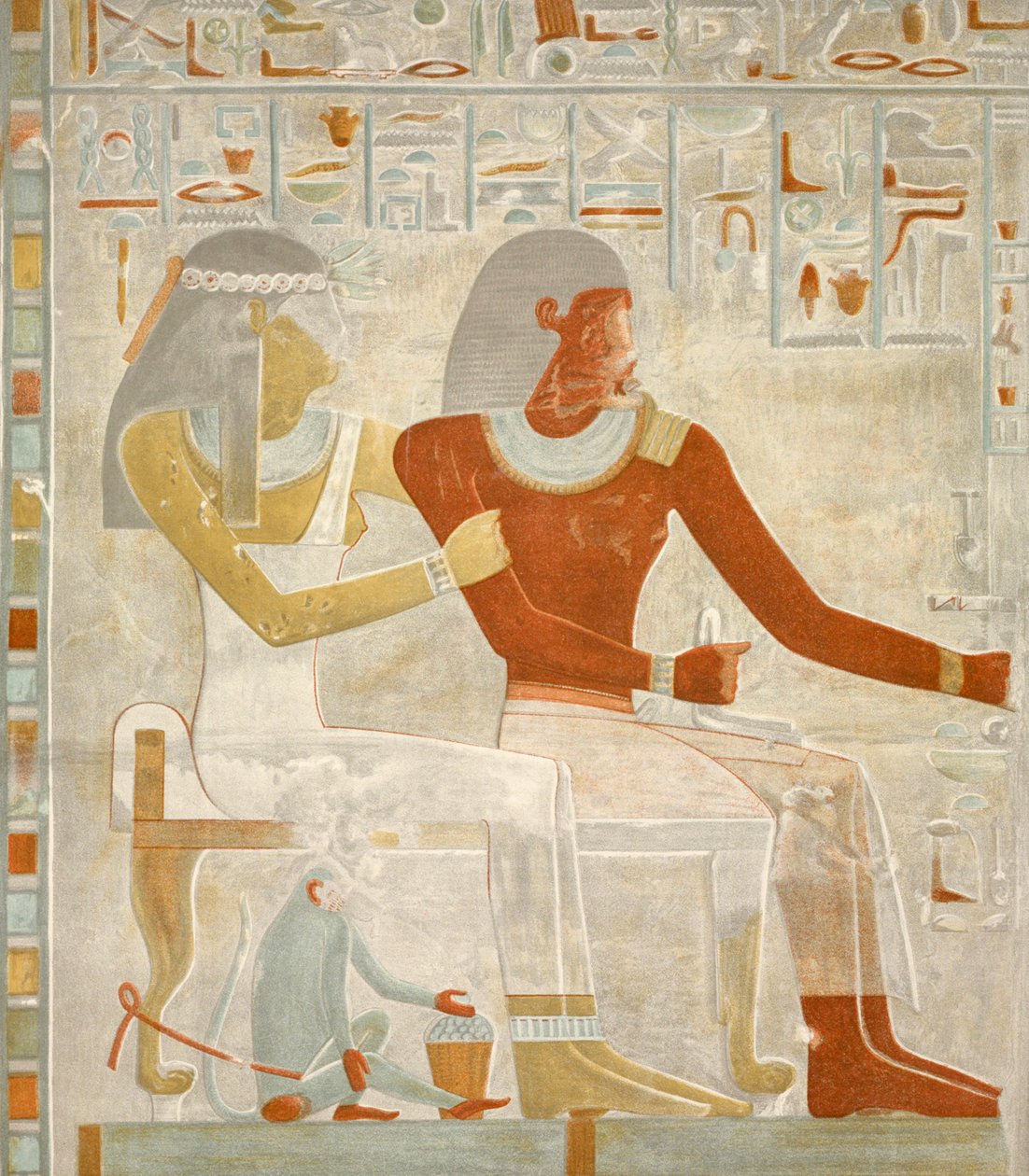 ilustrace fresky Paheri a jeho manželky Henut-er-neheh z hrobky Paheri v El Kab, Egypt, obrázek zveřejněný v roce 1895 (Tisk) od Egyptian 18th Dynasty