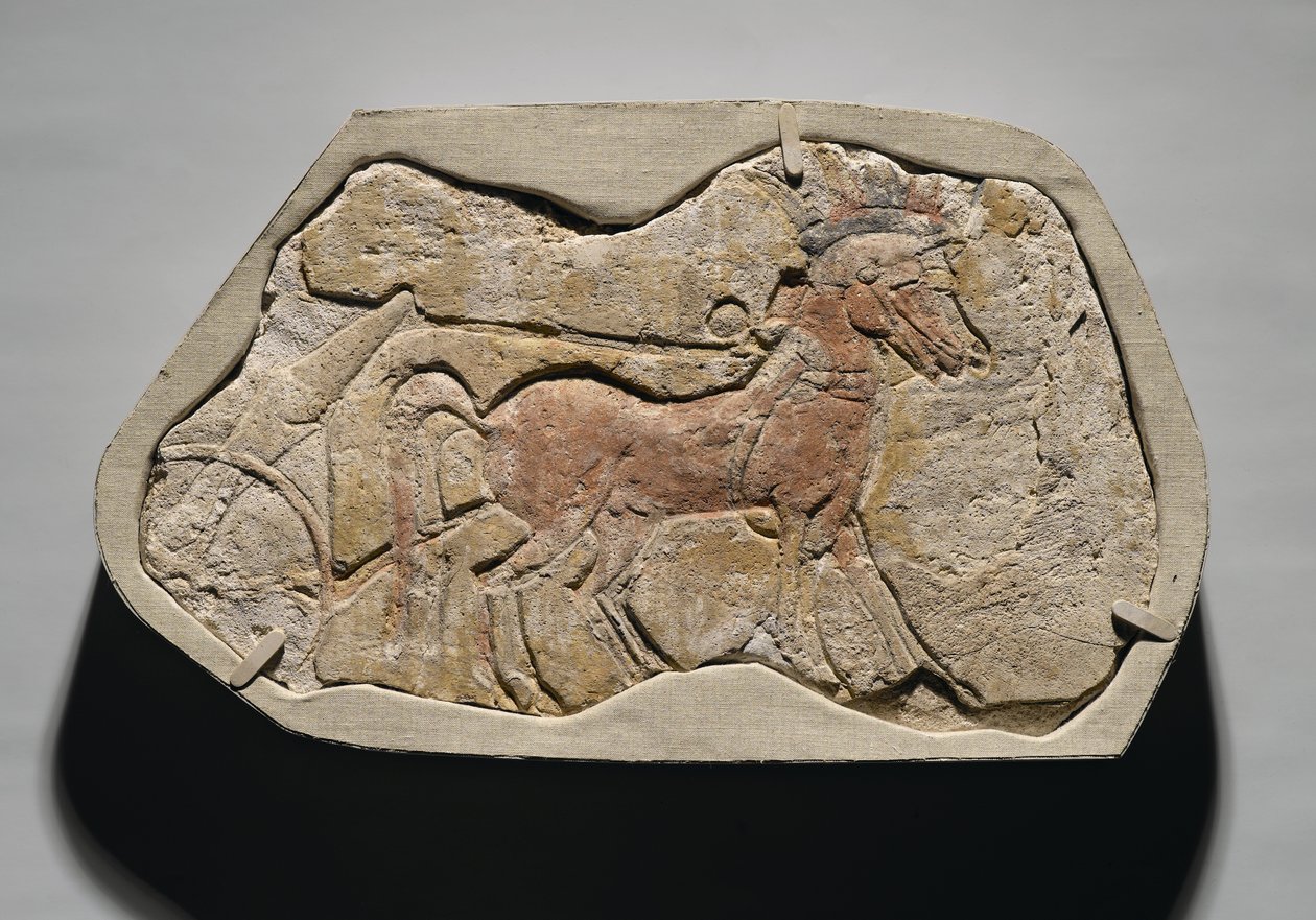 Rozpětí dvou koní táhnoucích vůz, z Tell el-Amarna, Nová říše, cca 1353-1336 př.nl (malovaná sádrová omítka) od Egyptian 19th Dynasty