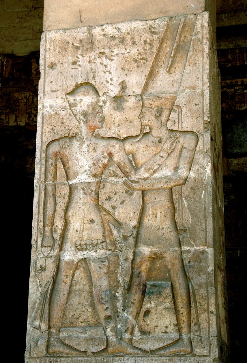 Umění starověkého Egypta: Nízký reliéf na sloupu chrámu Sethi I. (Sety nebo Seti I od Egyptian 19th Dynasty