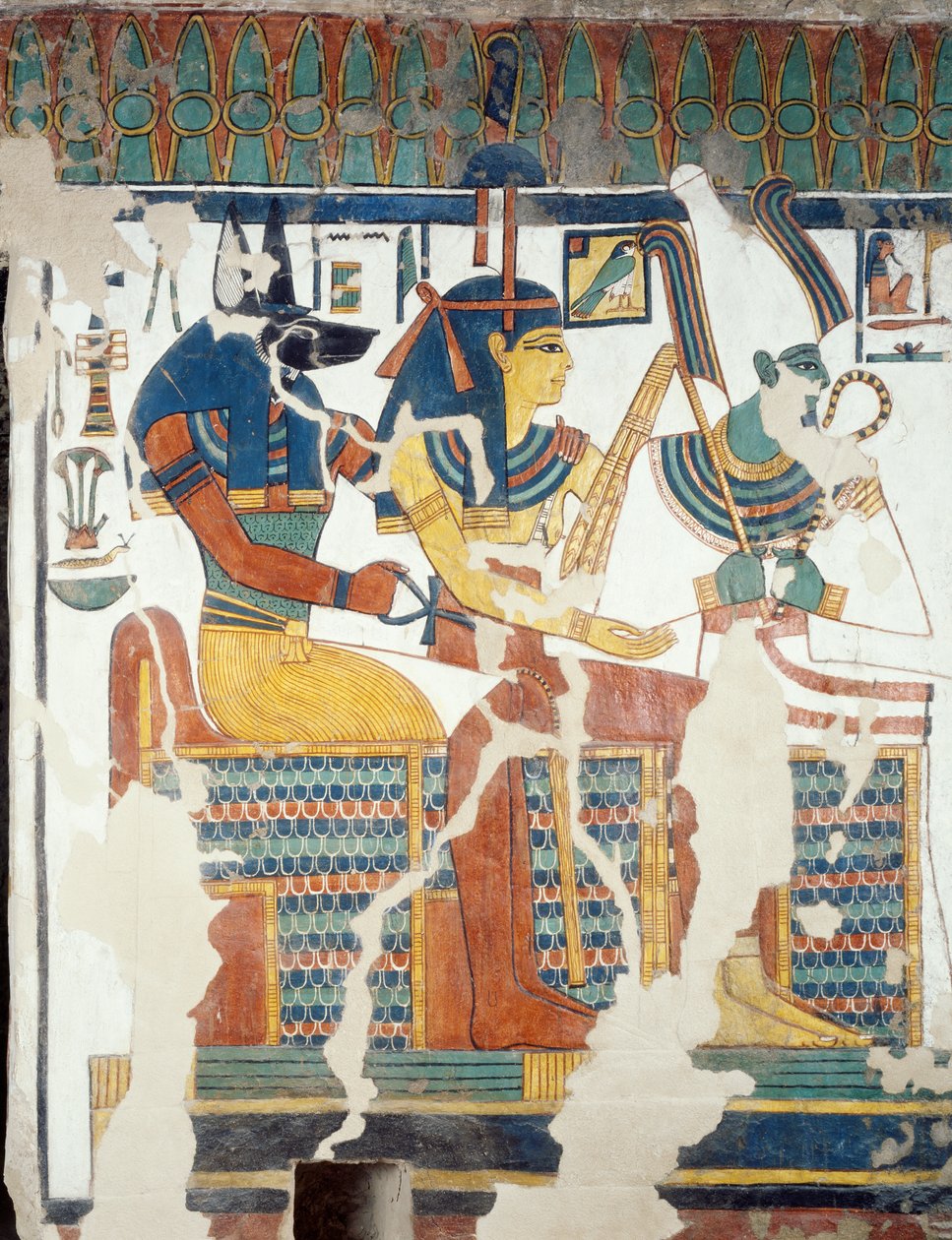 Anubis, Osiris a Nefertari, z druhé komory hrobky Nefertari, detail (freska) od Egyptian 19th Dynasty