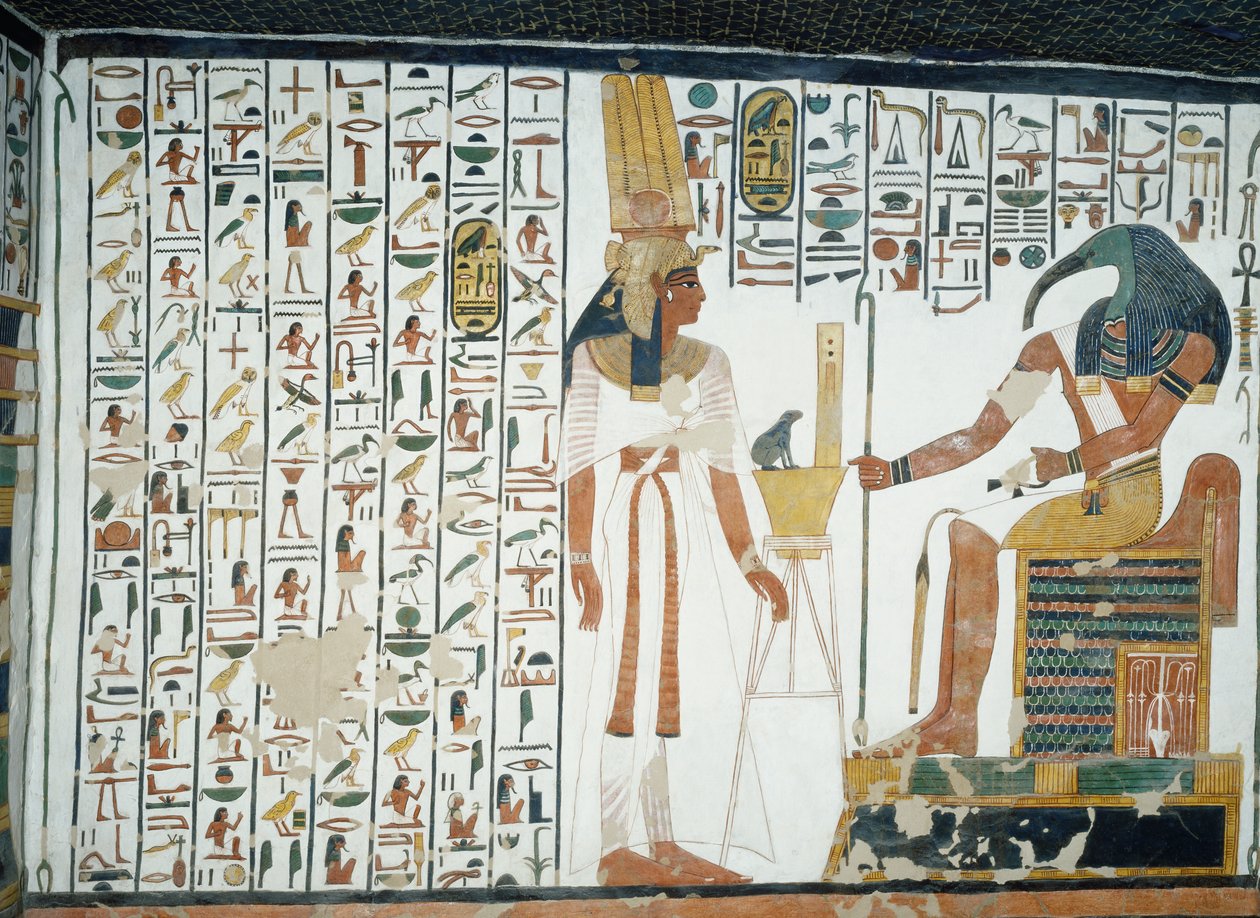 Kapitola 94 Knihy mrtvých, Nefertari stojící před bohem Thothem, písařem s hlavou ibise, freska, severní stěna, komora na východní straně, hrobka Nefertari (QV66), Údolí královen, Théby. Egyptská civilizace, Nová říše, dynastie XIX. od Egyptian 19th Dynasty
