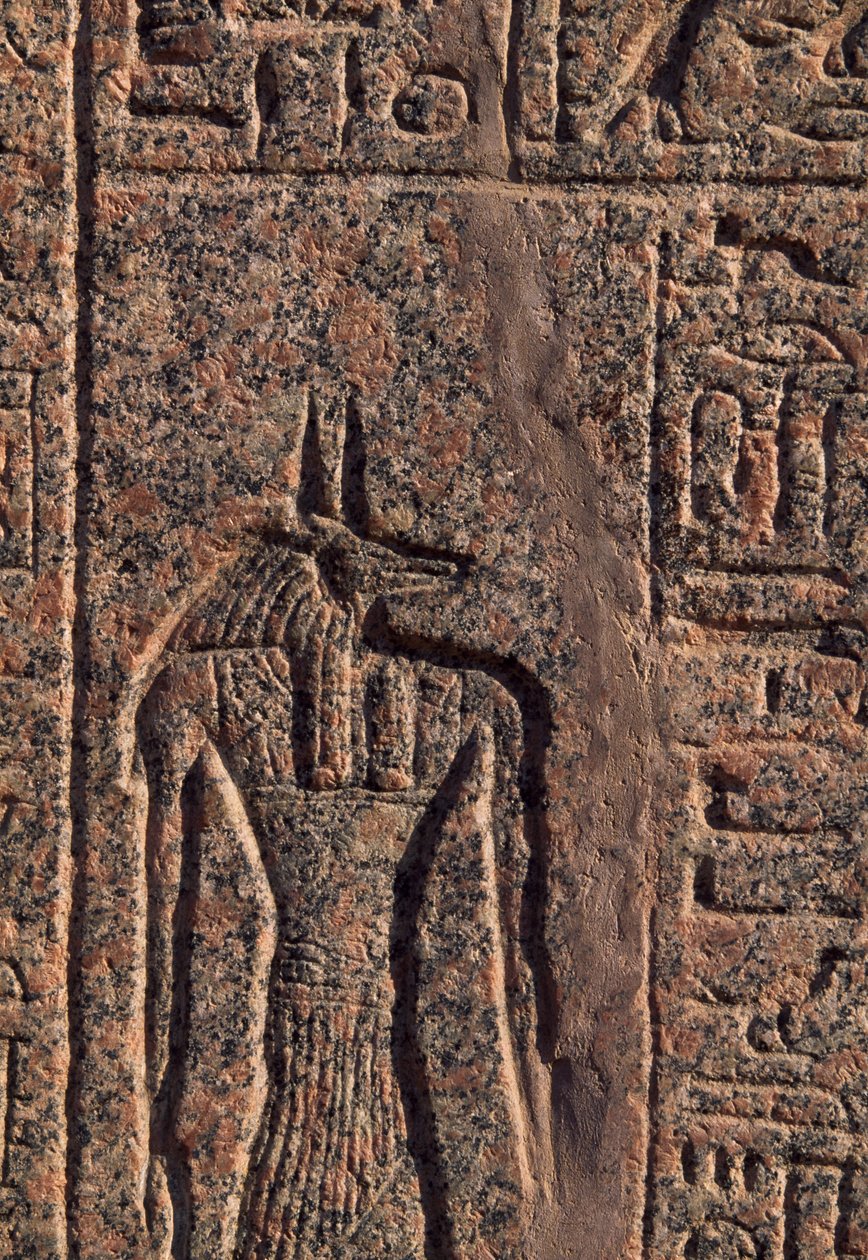 Vyobrazení Anubise, detail nápisu a reliéfu Anubise a jiného boha, Amenhotepův sarkofág, Memfis (Seznam světového dědictví UNESCO) od Egyptian 19th Dynasty