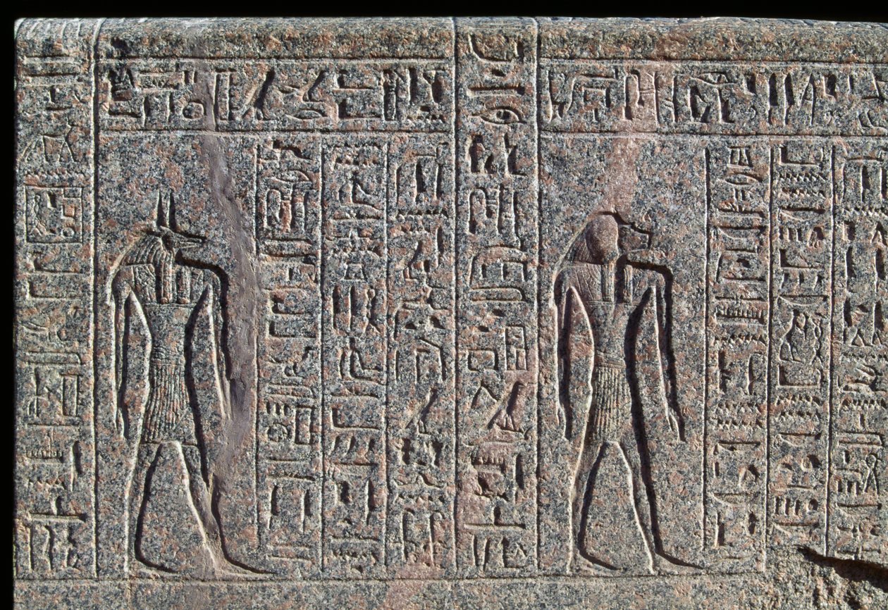 Vyobrazení Anubise, detail nápisu a reliéfu Anubise a dalšího boha, Amenhotepův sarkofág, Memfida, Egypt, Nová říše, 19. dynastie od Egyptian 19th Dynasty
