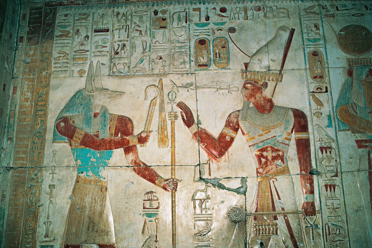 Egypt, Abydos, Chrám faraona Setiho I., Osirisova kaple. Detail, malovaný reliéf, Nová říše, dynastie XIX od Egyptian 19th Dynasty