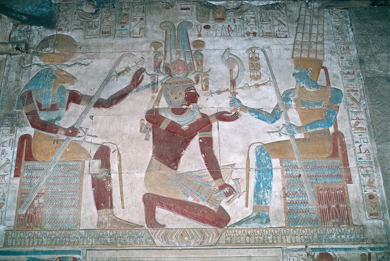 Egypt, Abydos, Chrám faraona Setiho I., Osirisova kaple, malovaný reliéf od Egyptian 19th Dynasty
