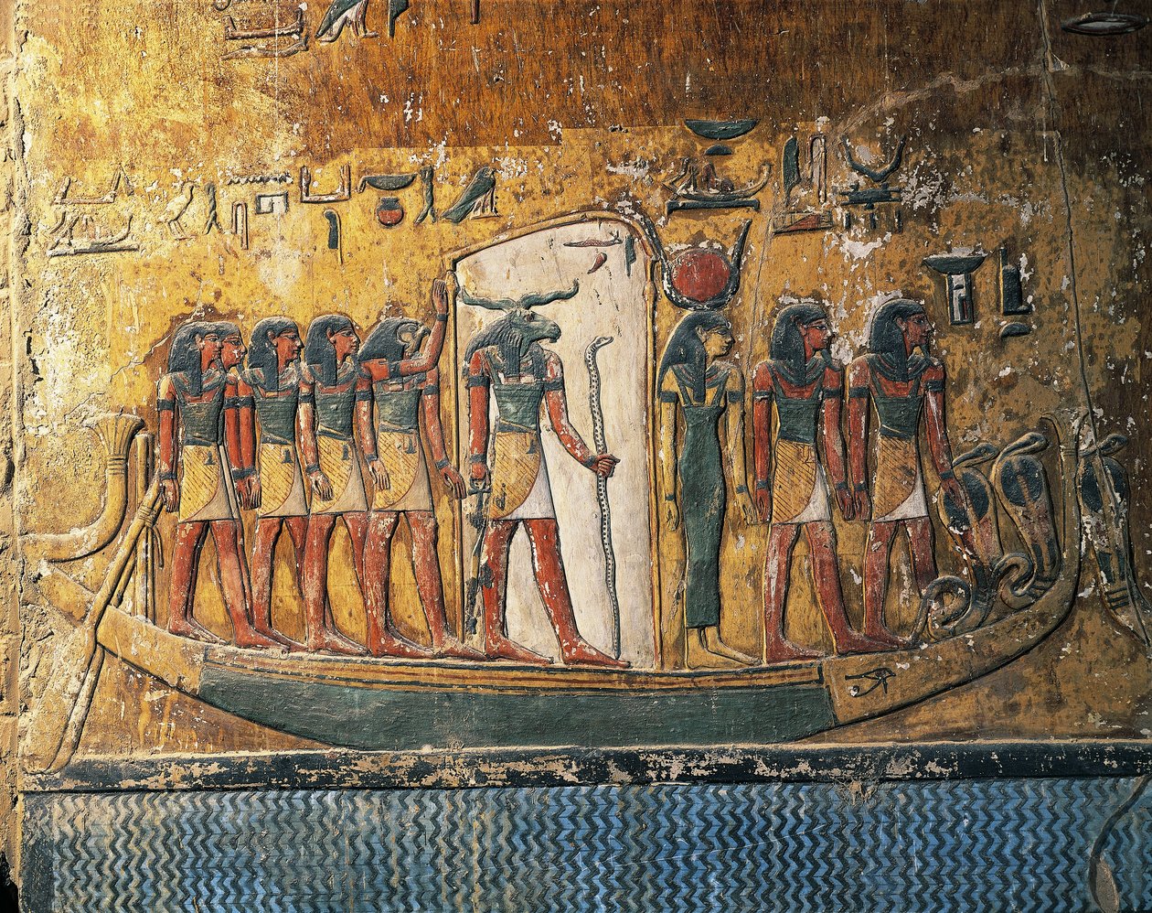Egypt, Luxor, starověké Théby, Údolí králů, hrobka Setiho I., fresky zobrazující sluneční loď s bohem s beraní hlavou od Egyptian 19th Dynasty