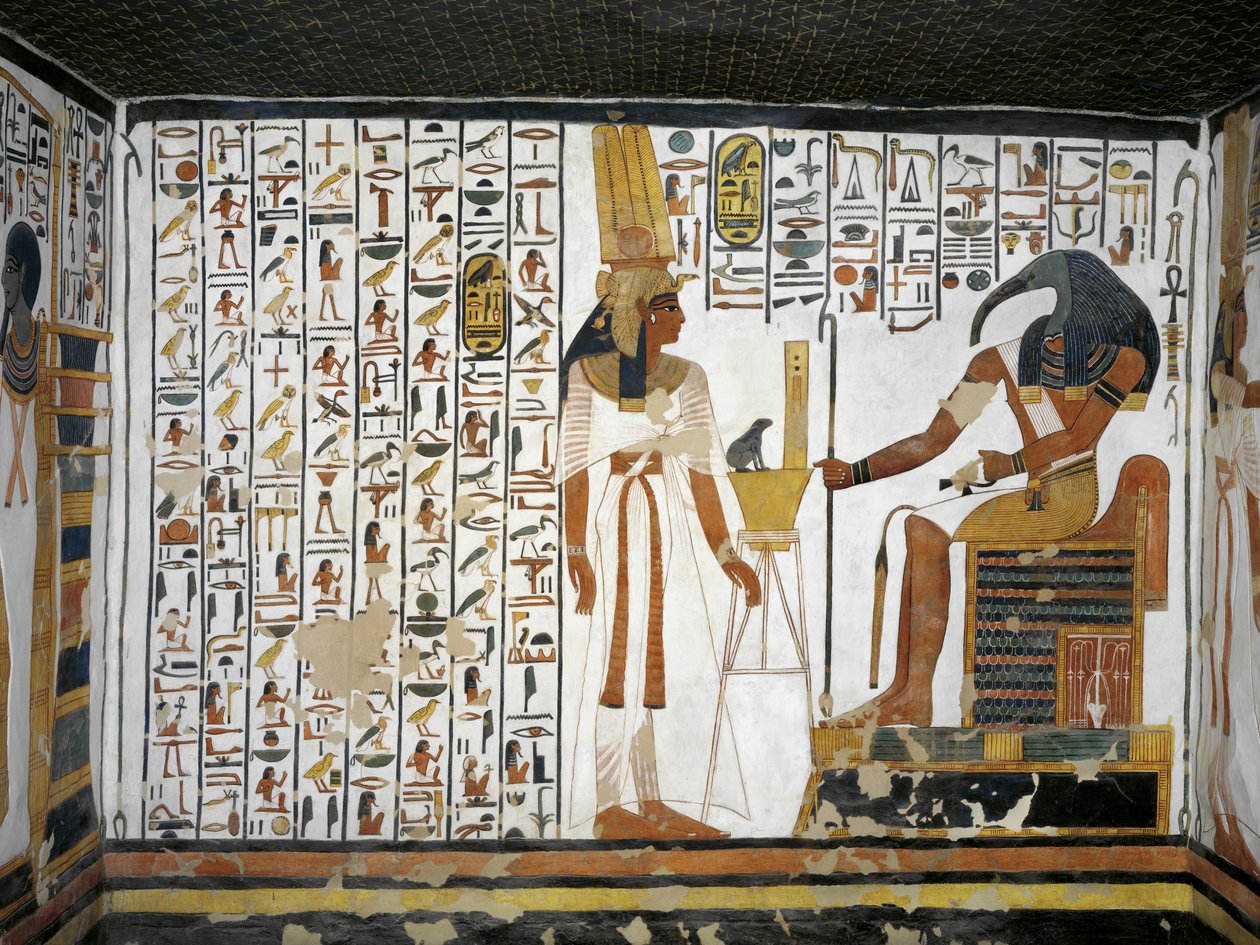 Egypt, Théby, Luxor, Údolí královen, Hrobka Nefertari, Příloha k předsíni, Nástěnné malby, Královna před božským písařem Thothem od Egyptian 19th Dynasty